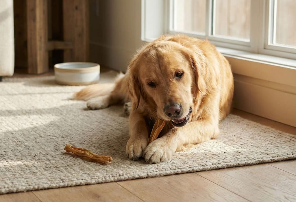 無添加アキレスジャーキーを噛んでいるゴールデンレトリバー