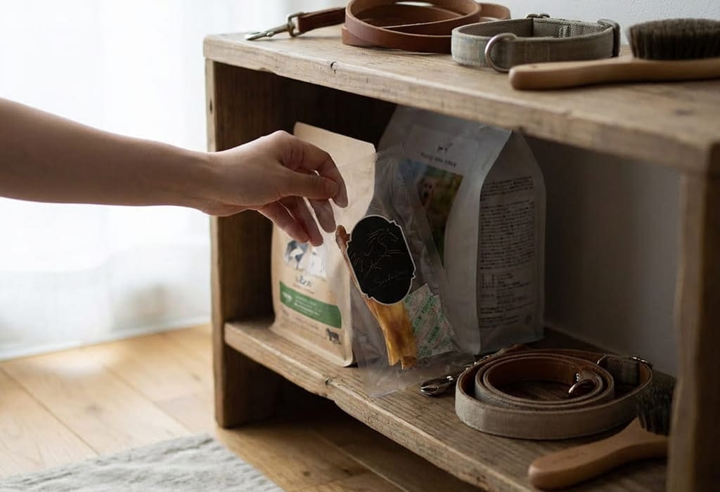 犬のおやつ収納棚から無添加アキレスジャーキーを取り出すシーン