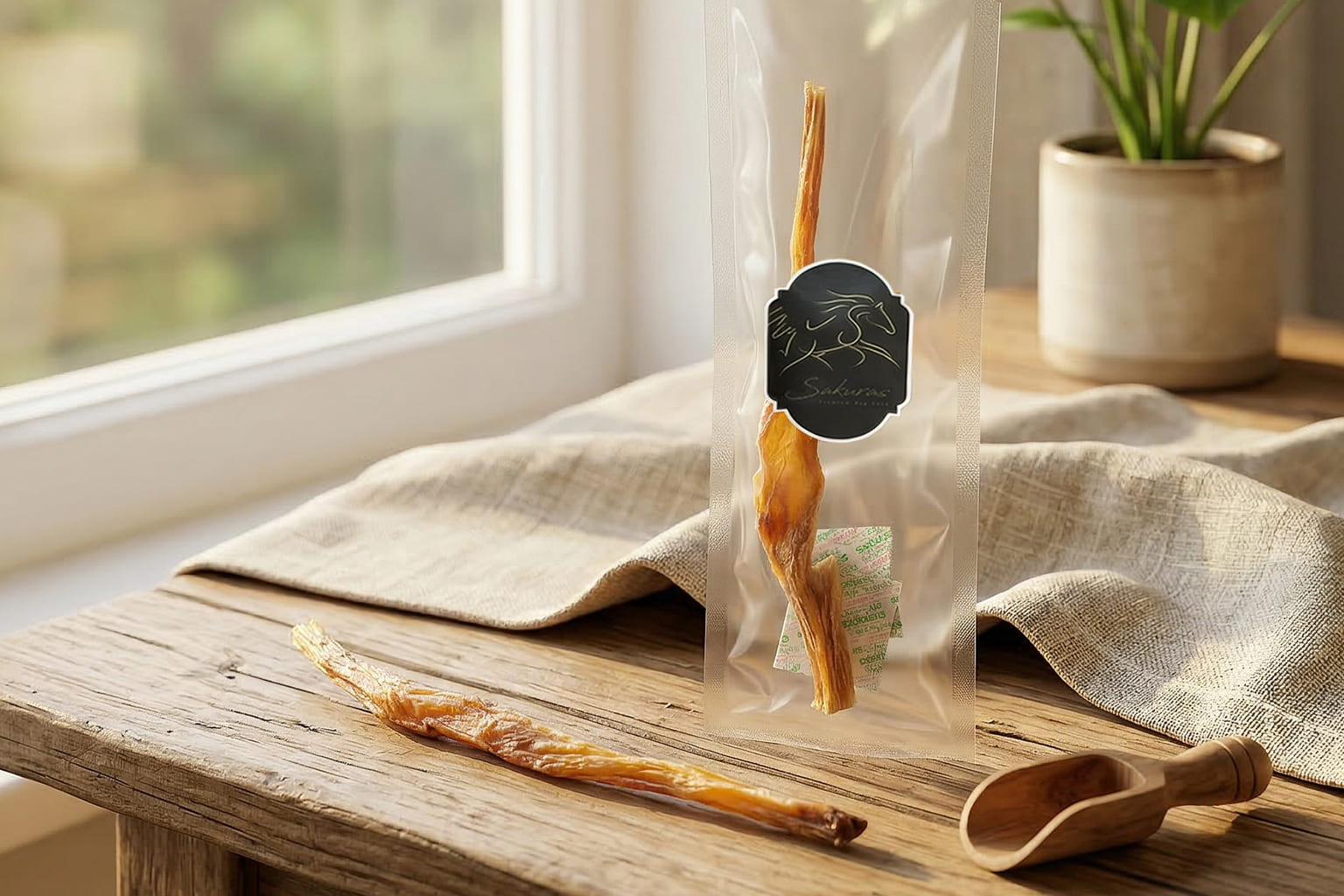 犬用無添加アキレスジャーキーのおやつとパッケージの商品イメージ