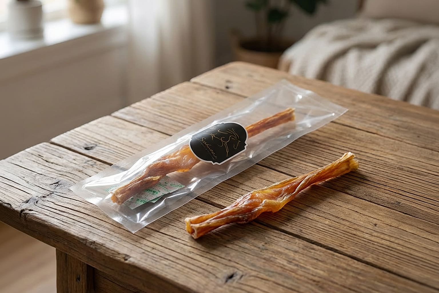 犬のおやつ収納棚から無添加アキレスジャーキーを取り出すシーン