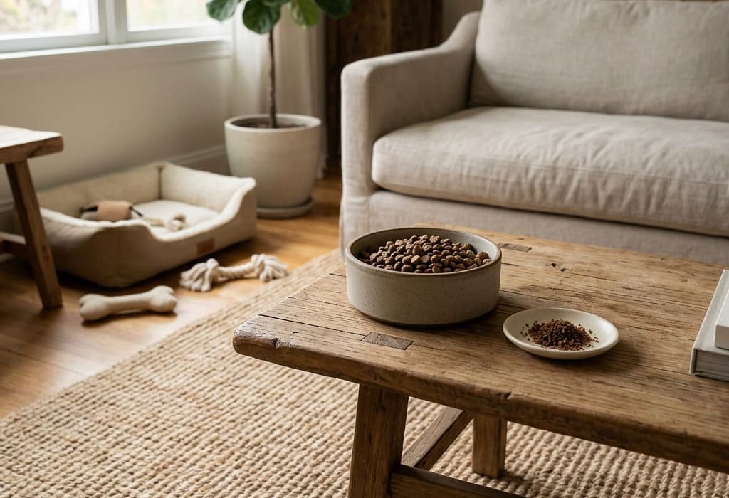 犬用無添加ふりかけトッピングとドッグフードのあるナチュラルな室内イメージ