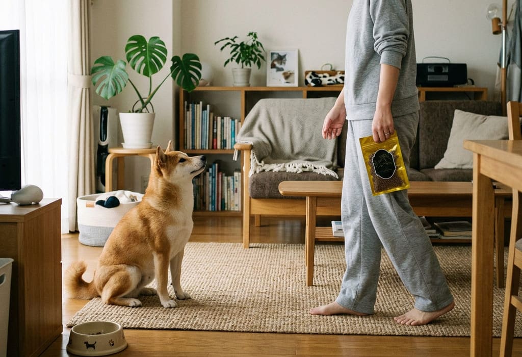 飼い主が犬用無添加ふりかけトッピングを持つ犬との暮らしのイメージ