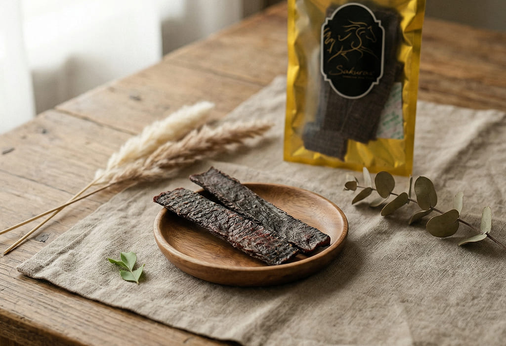 犬用無添加ハツジャーキーのおやつとパッケージの商品イメージ