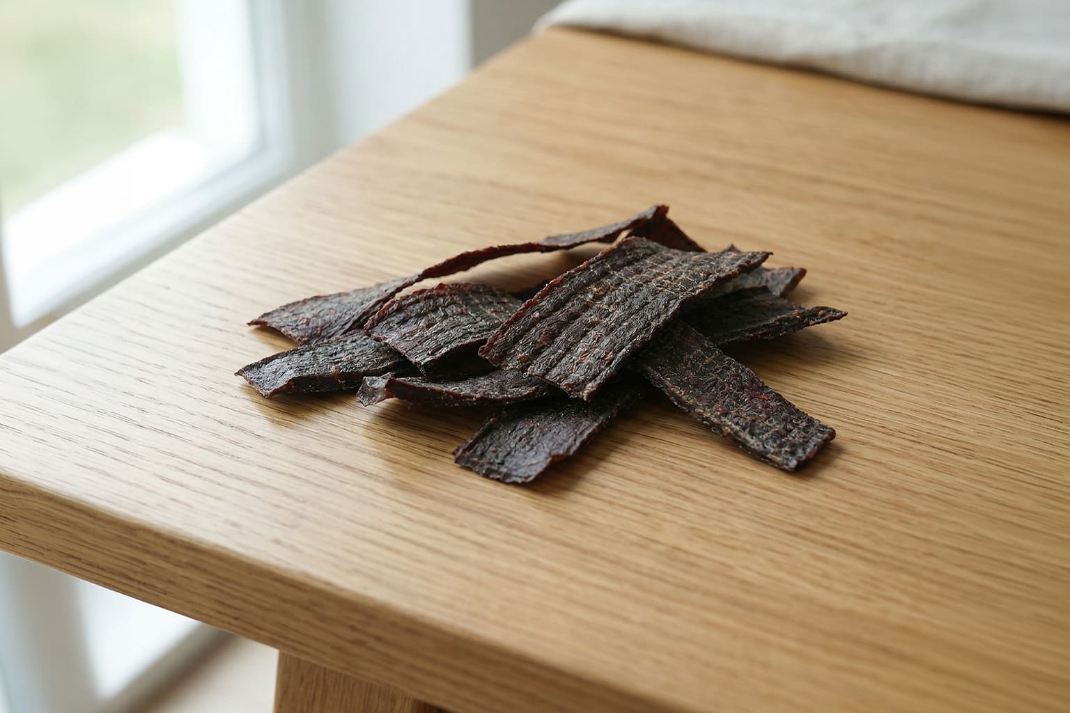 木皿に盛り付けた犬用無添加ハツジャーキーのドッグトリーツ