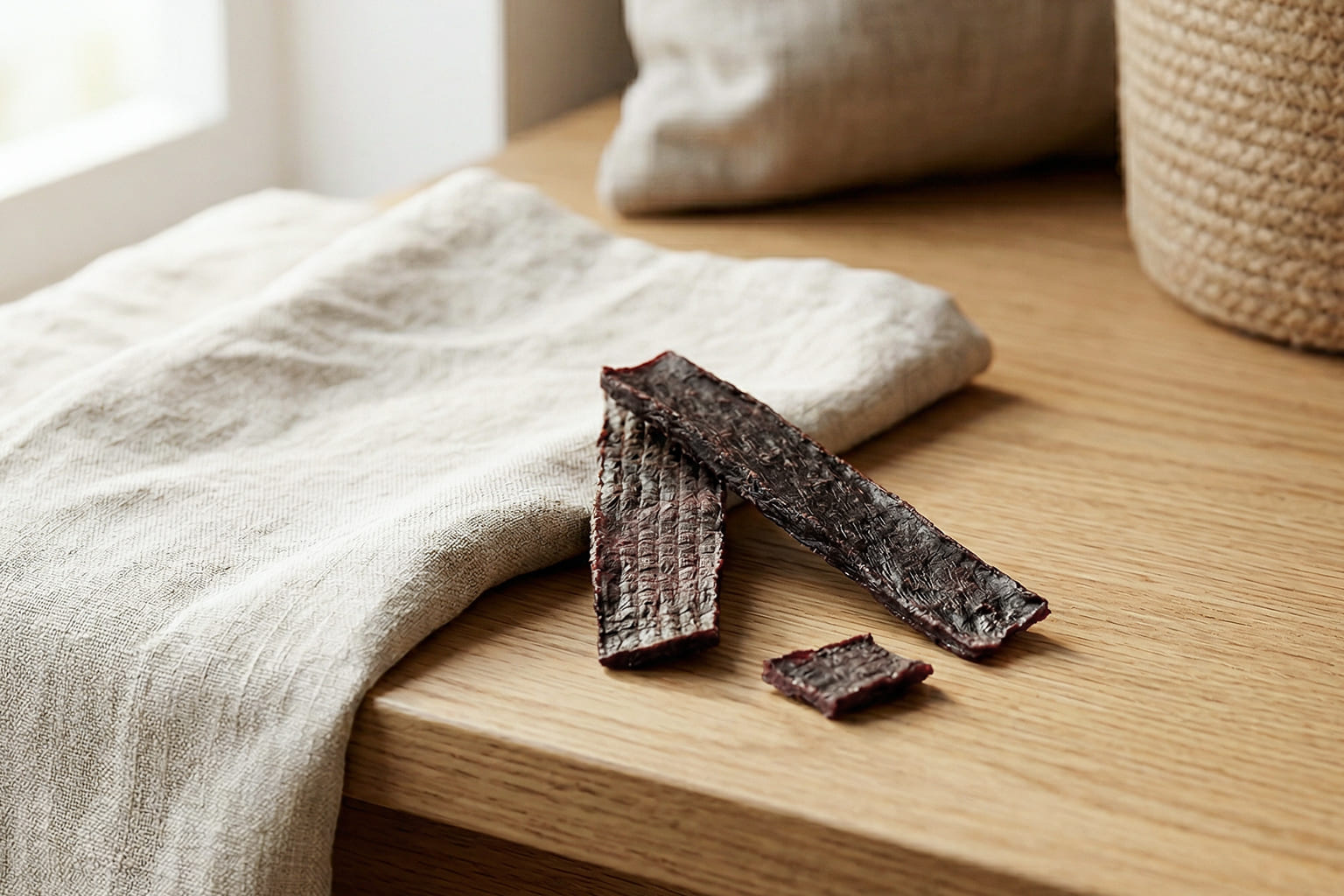 木皿に盛り付けた犬用無添加ハツジャーキーのおやつ ナチュラルドッグトリーツ