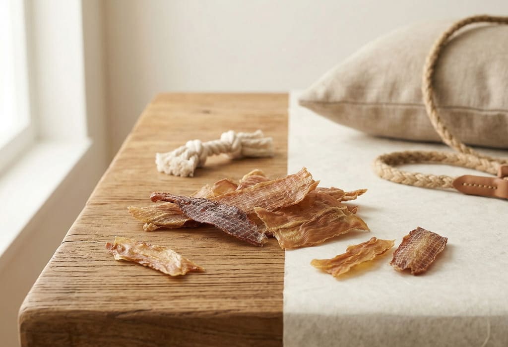 テーブルに並べた犬用無添加ジャーキーのおやつ ナチュラルドッグフード