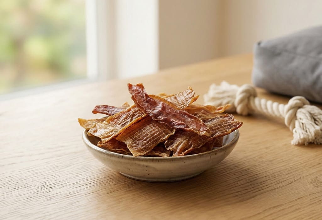 ボウルに盛り付けた犬用無添加ジャーキーのドッグトリーツ