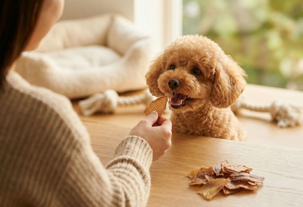 飼い主から無添加ジャーキーおやつをもらうトイプードル 犬用ナチュラルトリーツ