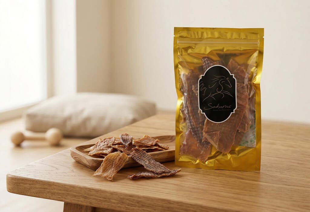 犬用無添加ジャーキーのおやつとパッケージの商品イメージ