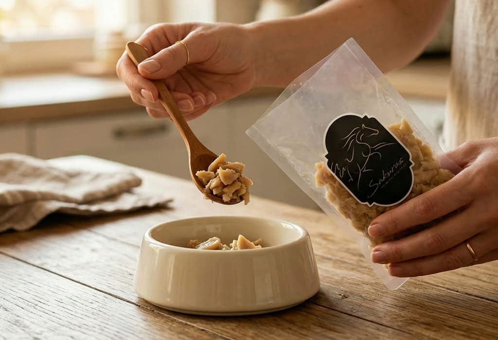 犬用無添加ホルモンミンチをドッグフードに加えるシーン