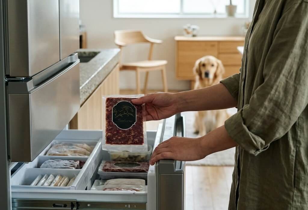 飼い主と遊ぶ柴犬と無添加生肉ドッグフードのある暮らしのイメージ