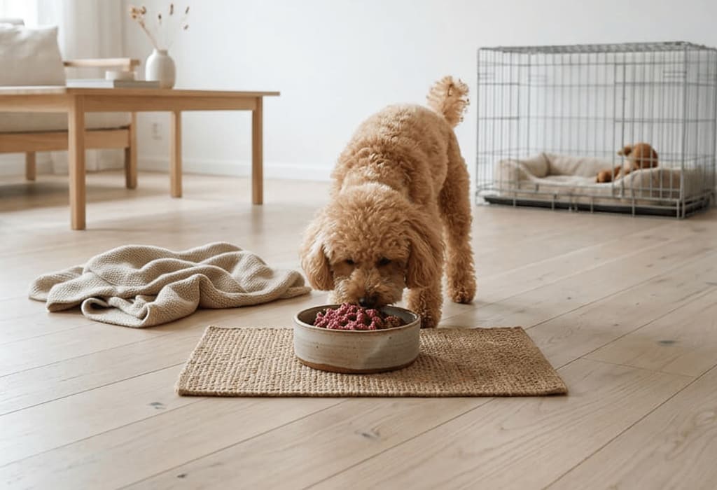 犬が無添加生肉ドッグフードを食べているナチュラルな室内シーン