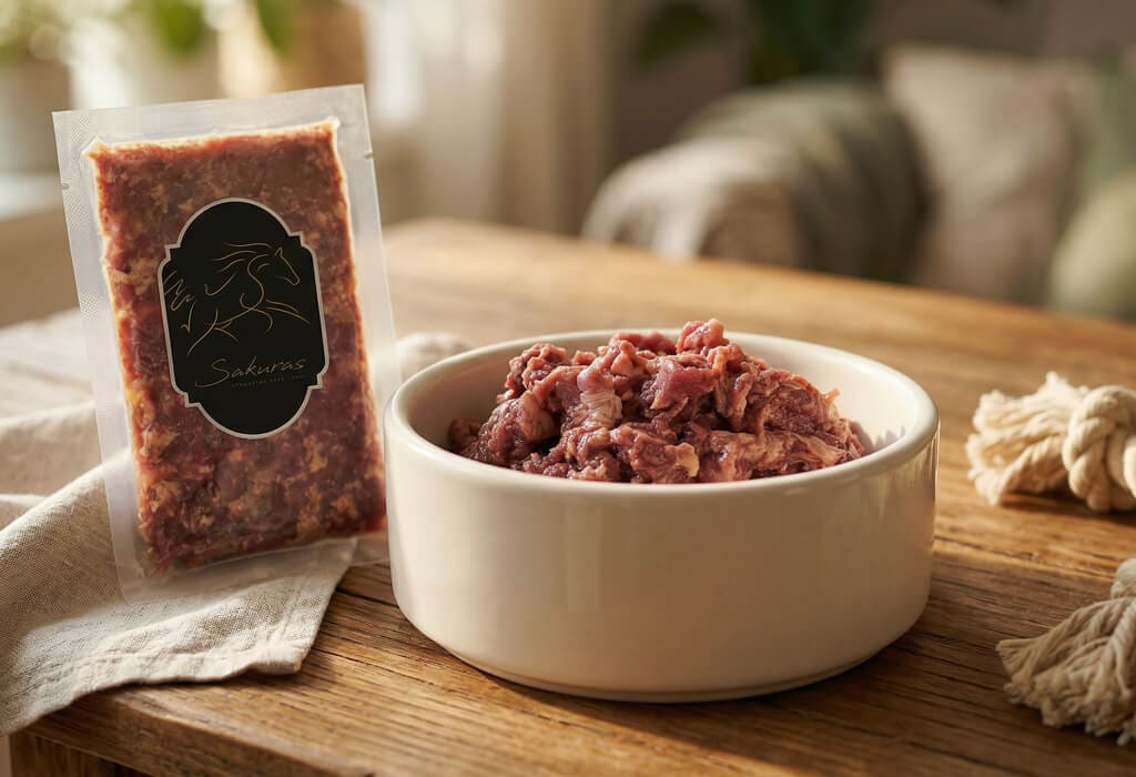 ボウルに盛り付けた犬用無添加生肉ミンチドッグフードとパッケージ