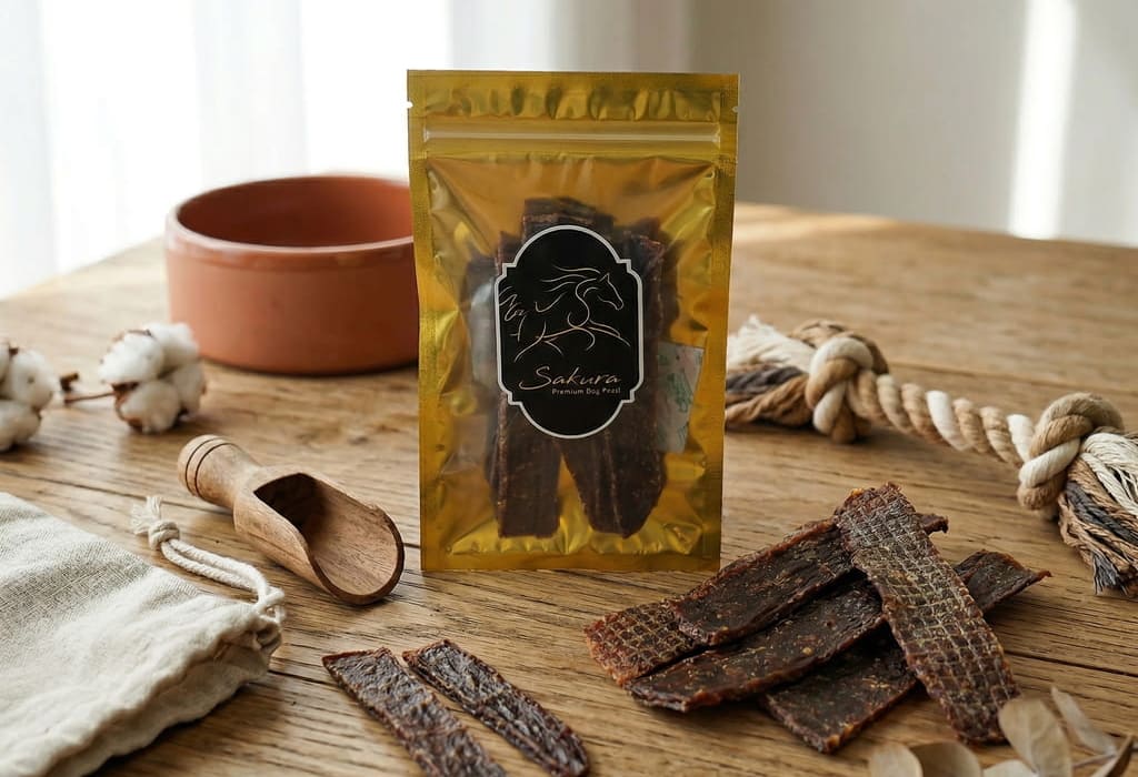 犬用無添加ジャーキーのおやつとパッケージの商品イメージ ナチュラルドッグトリーツ