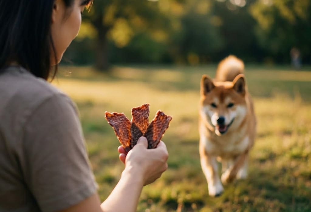 公園で犬に与える犬用無添加ジャーキーのおやつ ナチュラルドッグトリーツ
