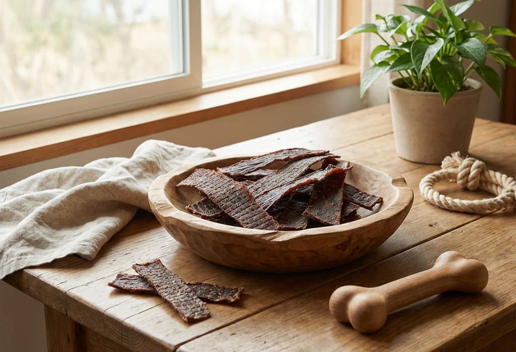 自然光の窓辺に置かれた犬用無添加ジャーキーのおやつ ナチュラルドッグトリーツ