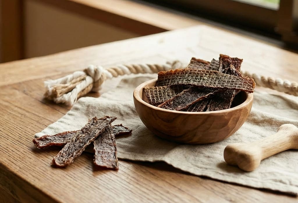 木皿に盛り付けた犬用無添加ジャーキーのおやつ ナチュラルドッグフード