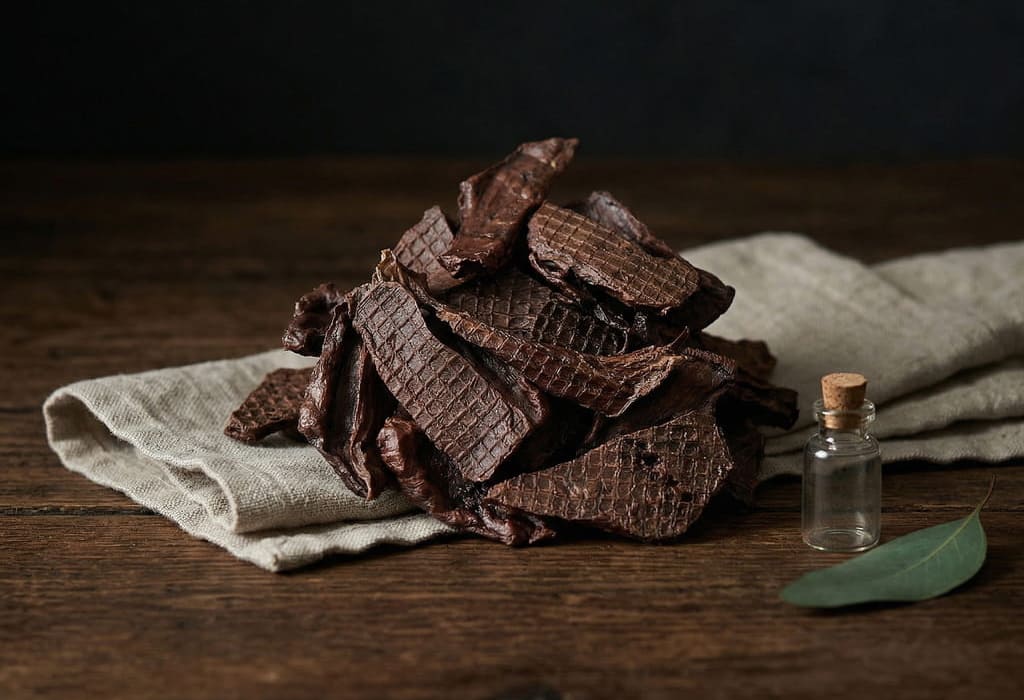 木皿に盛り付けた犬用無添加ラングジャーキーのドッグトリーツ