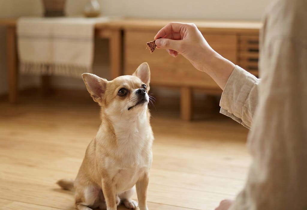飼い主から犬用無添加ラングジャーキーのおやつをもらうチワワ