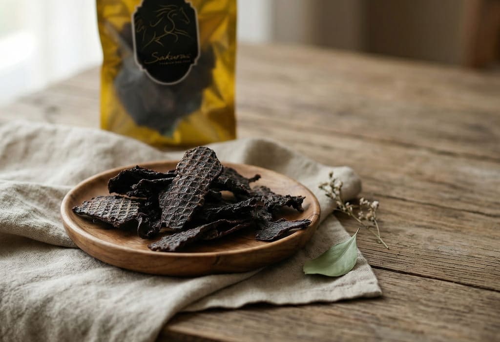 犬用無添加馬肉ジャーキーを木皿に盛り付けた商品イメージとパッケージ