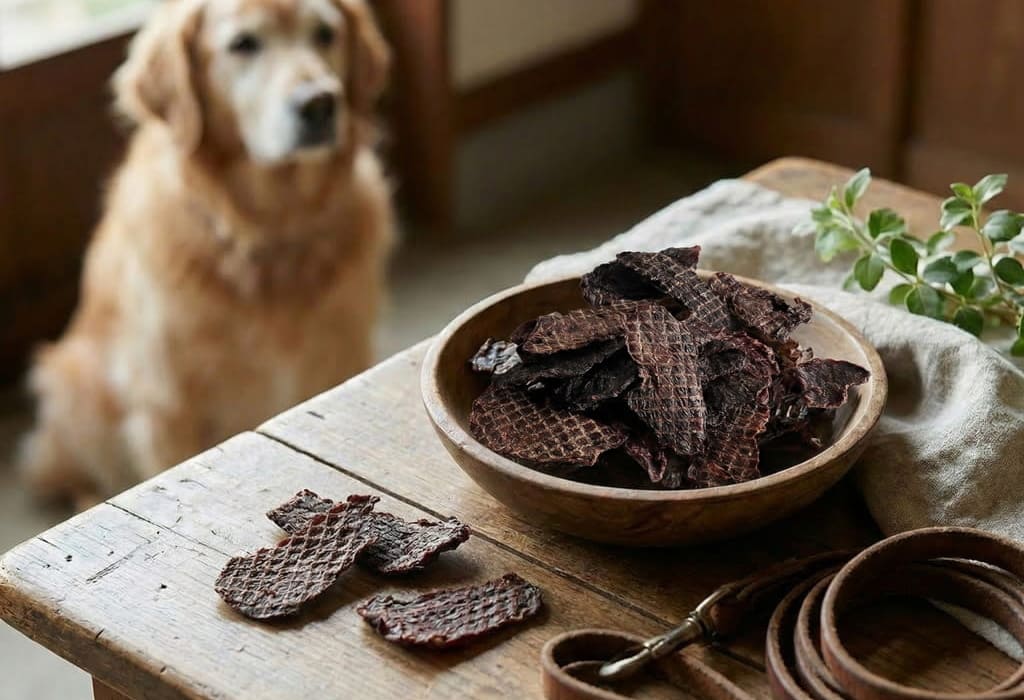犬が見つめるテーブルの上の無添加馬肉ジャーキー犬用おやつ
