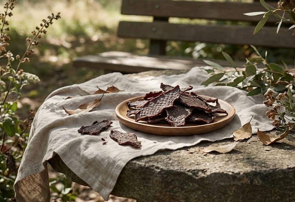 公園のベンチで撮影した犬用無添加馬肉ジャーキーのナチュラルイメージ