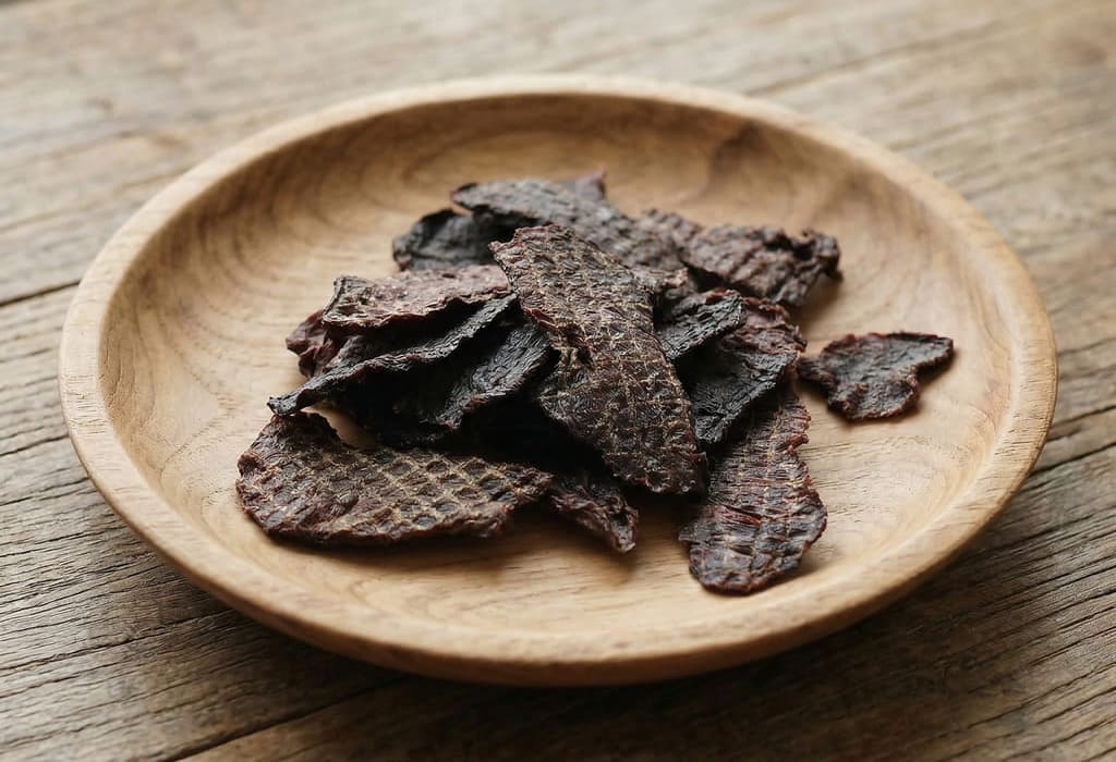 木皿に盛り付けた犬用無添加馬肉ジャーキーのクローズアップ
