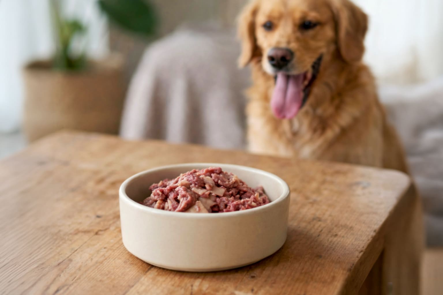 無添加ミンチミックスドッグフードを食べる犬のクローズアップ