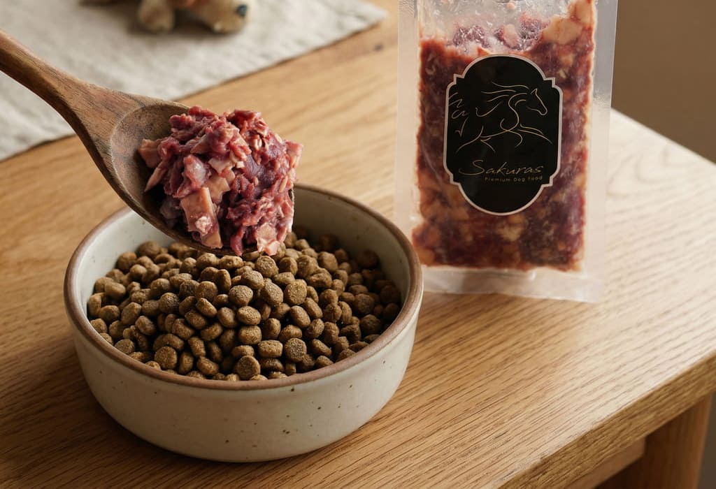 ドッグフードに犬用無添加ミンチミックスをトッピングするシーン