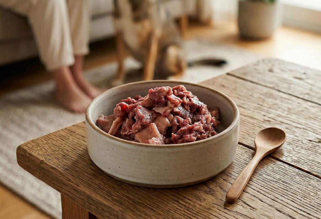 ボウルに盛り付けた犬用無添加ミンチミックスドッグフードと犬のある暮らし